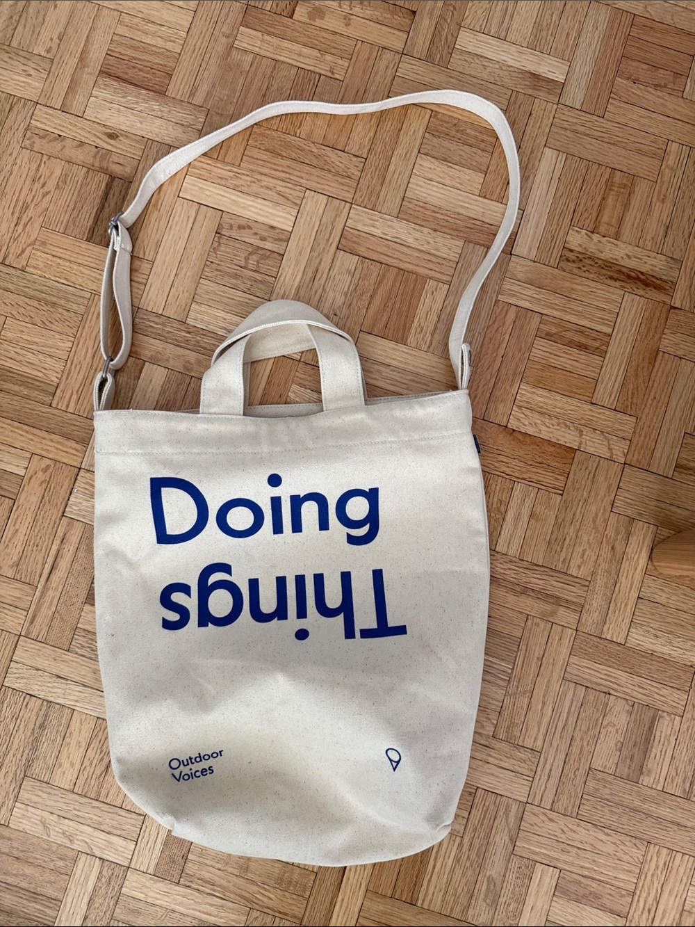 Outdoor Voices Cream Canvas Tote with Blue 'Doing Things' Print
